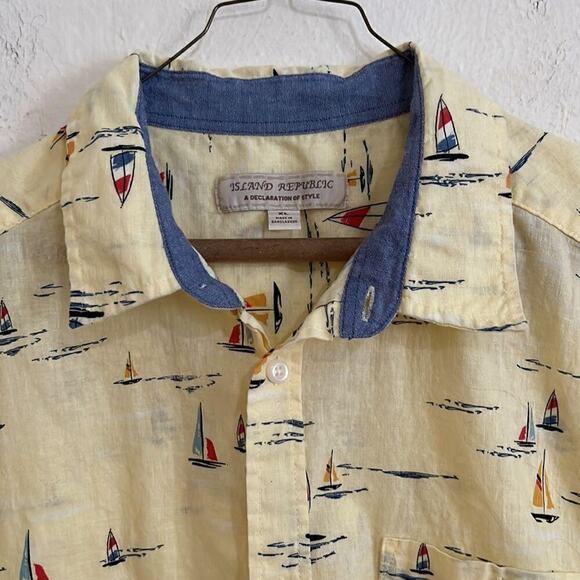 Island Republic Light Yellow Short Sleeve Button Down Sail Boat Print Shirt XL - Picture 2 of 4